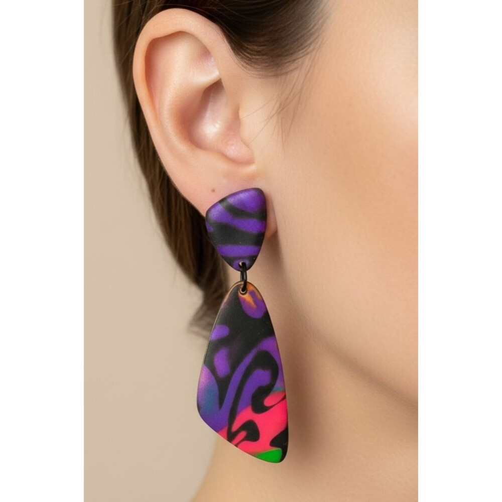 Handmade Purple Multicolor Graphic Polymer Clay Dangle Earrings Colorful